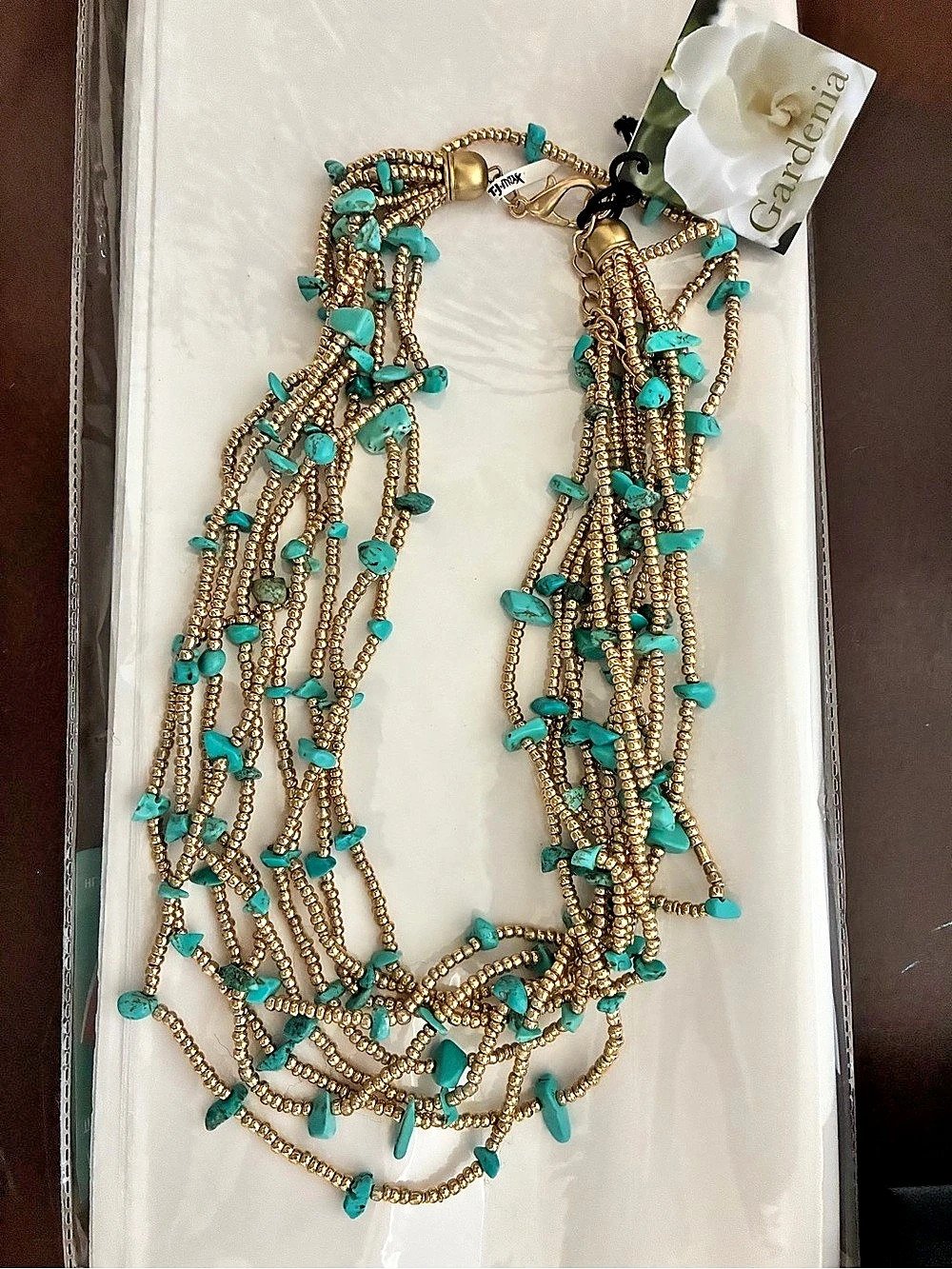 Gardenia Multi-Strand Reconstituted Turquoise and Gold Bead Statement Necklace